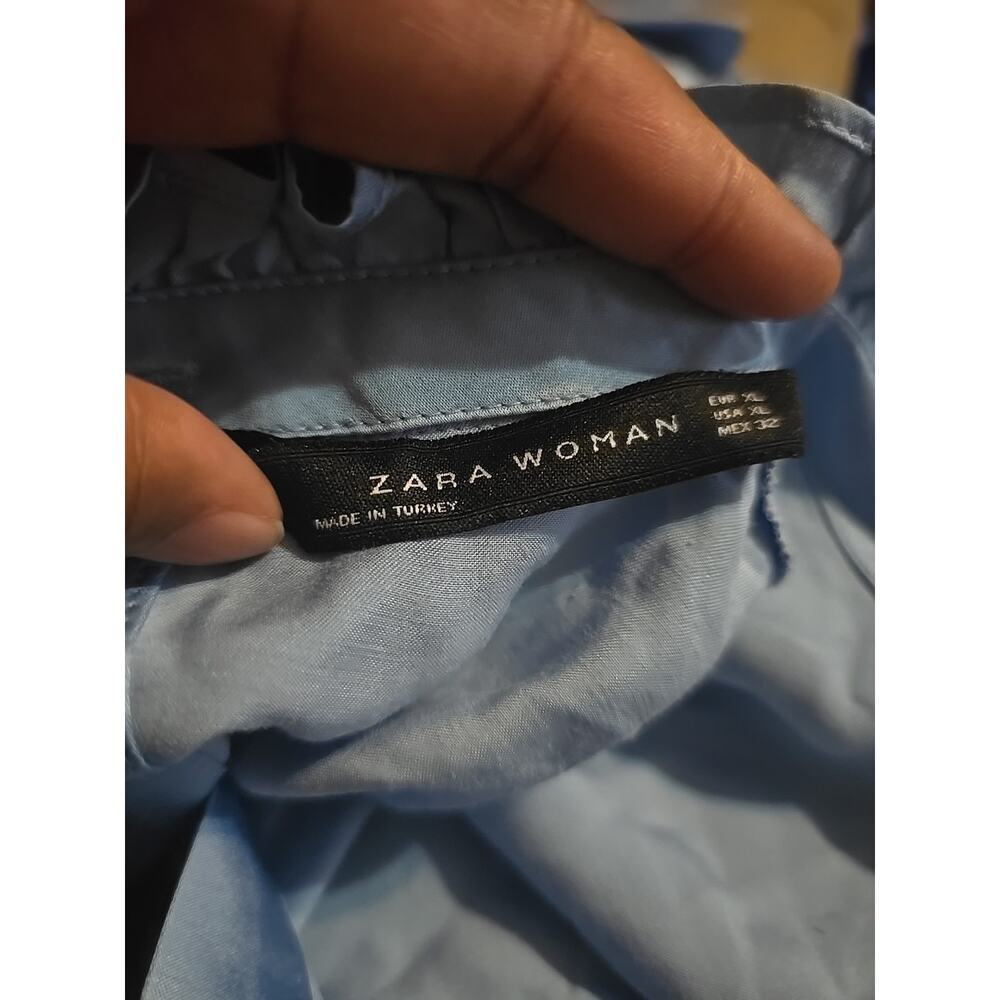 Zara Satin Blouse Top Womens XL Large Blue Long Button Sleeves V Neck NWT - Picture 8 of 9